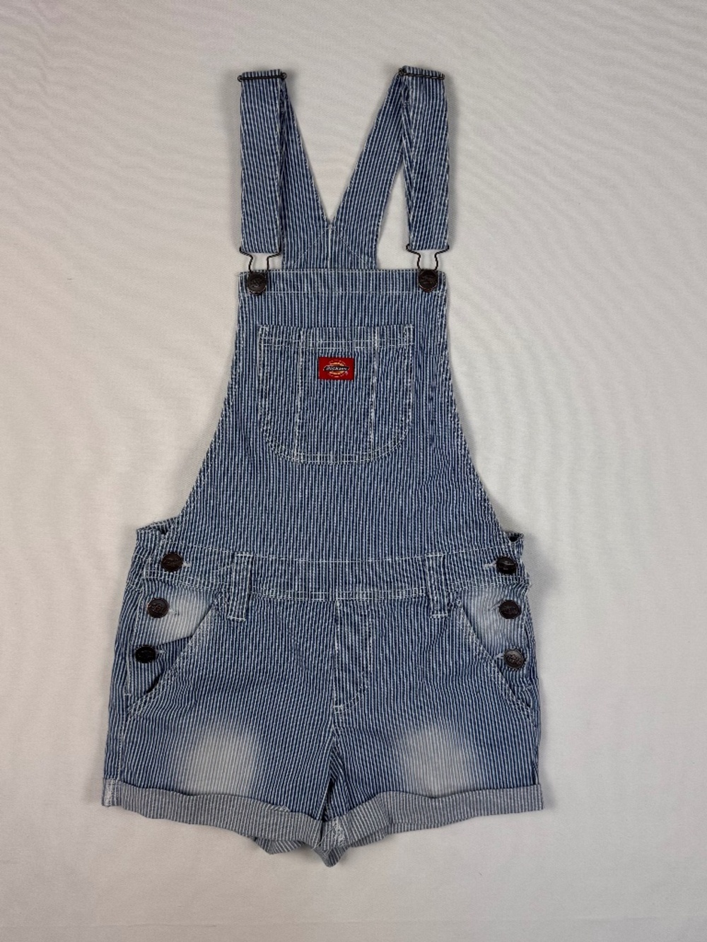 Dickies Girl Hickory Stripe Denim Overall Shorts - Size M - Blue/White Pinstripe